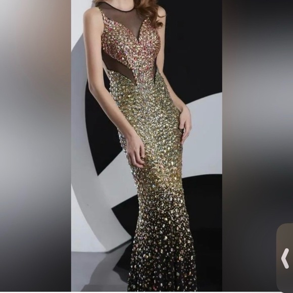Jasz Couture Dresses & Skirts - Elegant Prom Gown. Black with Gold/green/red crystals with a train. Size 00